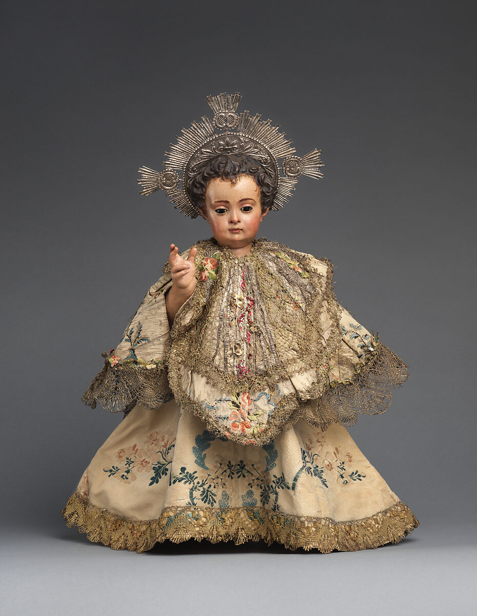 Dress for a statuette, Polychromed lead, glass; silver; silk and silver-gilt lace, Spanish 
