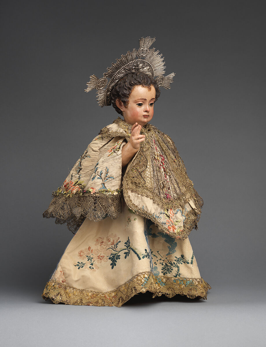 Capelet for a statuette, Polychromed lead, glass; silver; silk and silver-gilt lace, Spanish