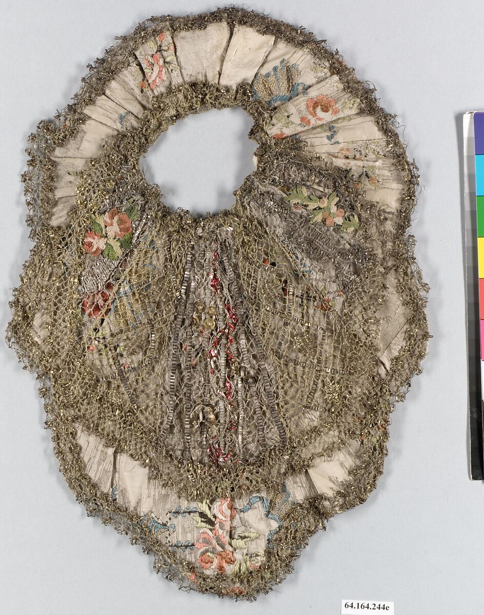 Bib for a statutette, Polychromed lead, glass; silver; silk and silver-gilt lace, Spanish