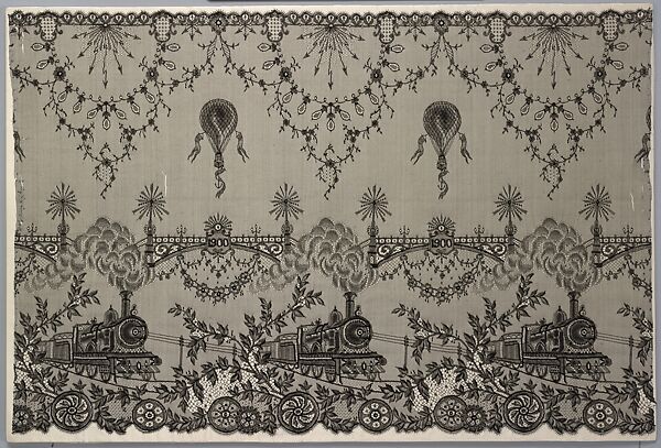 Lace panel with decorative motifs of railroad trains, telegraph poles, electric lights and hot air balloons, Cotton, machine made lace, French 