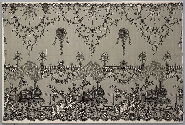 Lace panel with decorative motifs of railroad trains, telegraph poles, electric lights and hot air balloons, Cotton, machine made lace, French