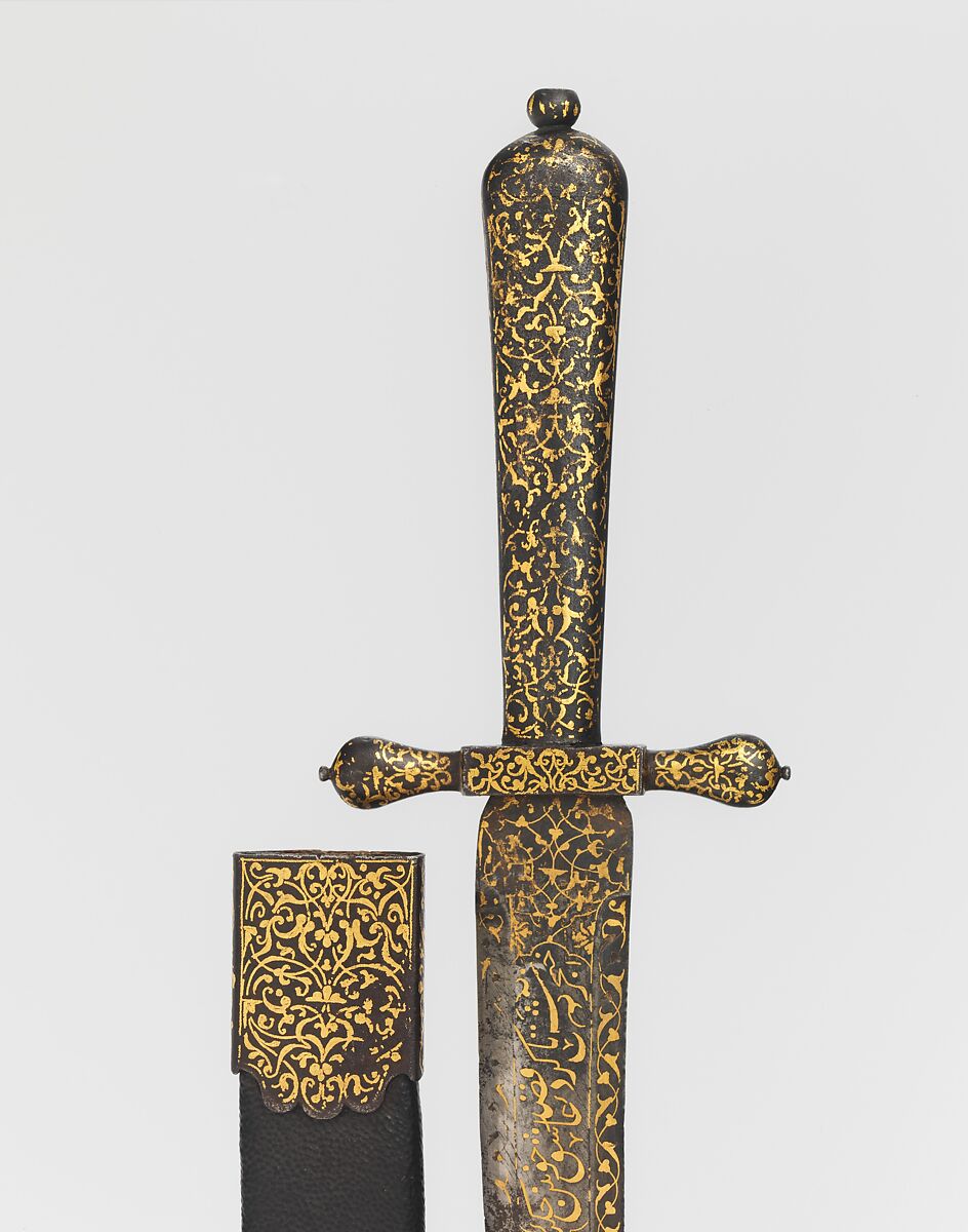 Dagger with Sheath, Steel, iron, wood, leather, gold, blade, Turkish; hilt and scabbard, European, possibly Italian