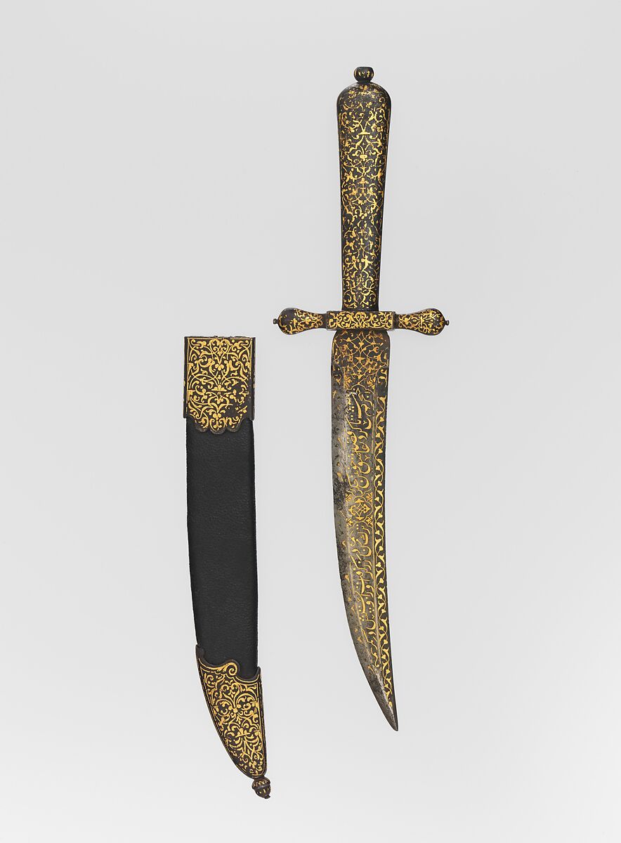 Dagger with Sheath, Steel, iron, wood, leather, gold, blade, Turkish; hilt and scabbard, European, possibly Italian