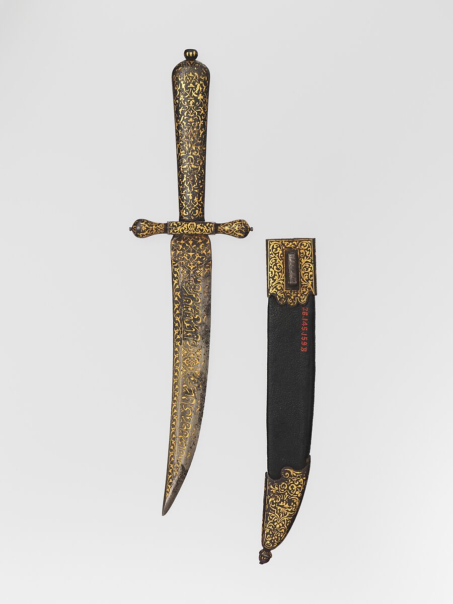 Dagger with Sheath, Steel, iron, wood, leather, gold, blade, Turkish; hilt and scabbard, European, possibly Italian