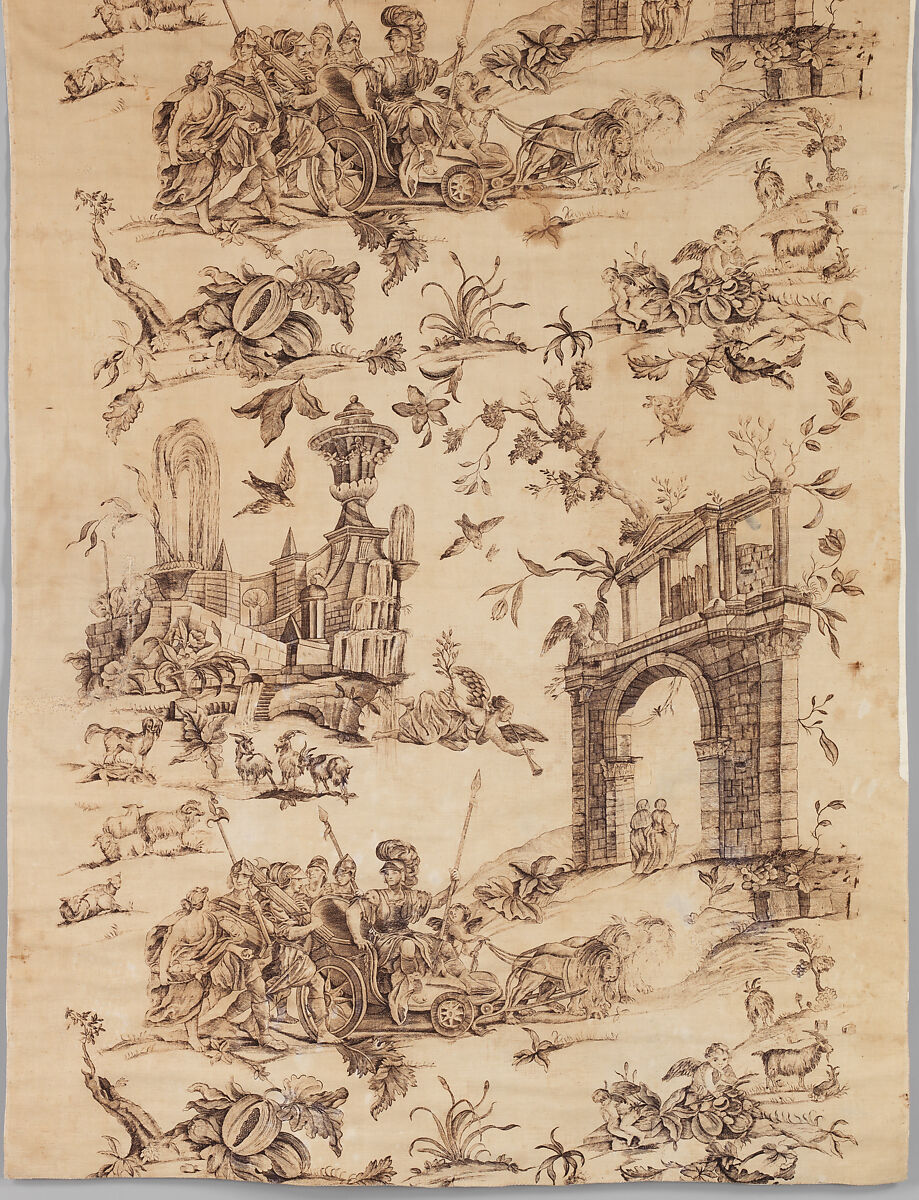 Piece with Roman chariot and ruins (Furnishing fabric), Bromley Hall Printworks (Middlesex, England, 1694–1823), Cotton, British 