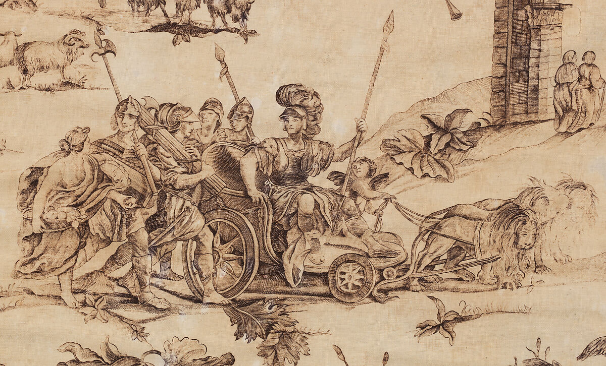 Piece with Roman chariot and ruins (Furnishing fabric), Bromley Hall Printworks (Middlesex, England, 1694–1823), Cotton, British