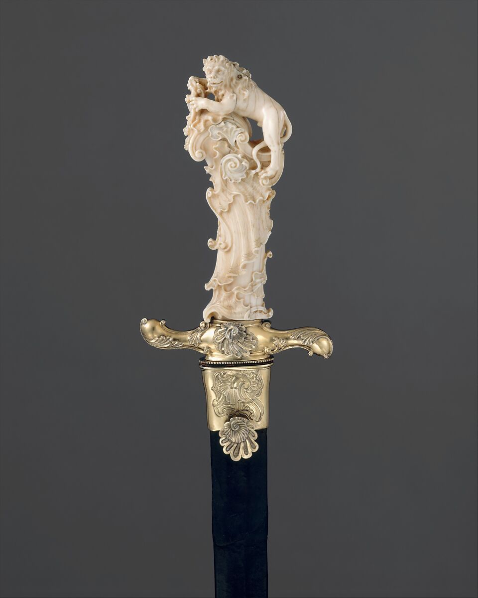 Hunting Sword with Scabbard, Grip attributed to Joseph Deutschmann (German, Imst 1717–1787 Passau), Steel, silver, ivory, wood, leather, German, possibly Munich 
