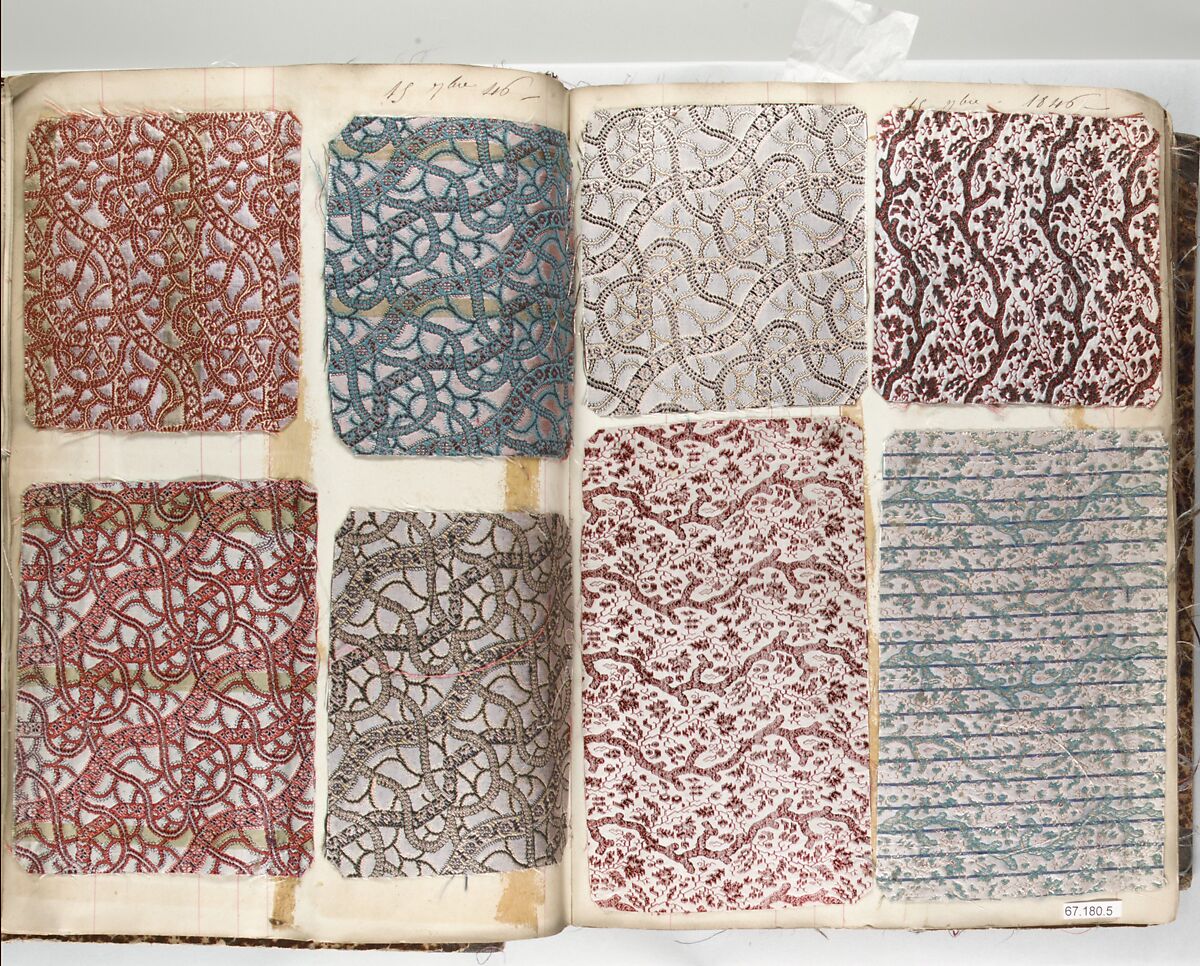 Textile Sample Book, Woven wool and silk fabrics on paper, French, Lyons