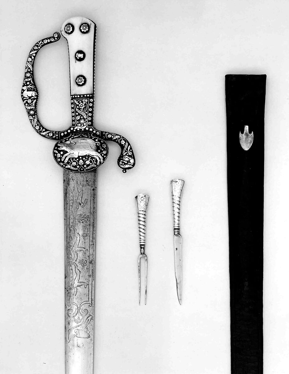 Hunting Sword with Scabbard, Knife, and Fork, Steel, silver, ivory, leather, German 