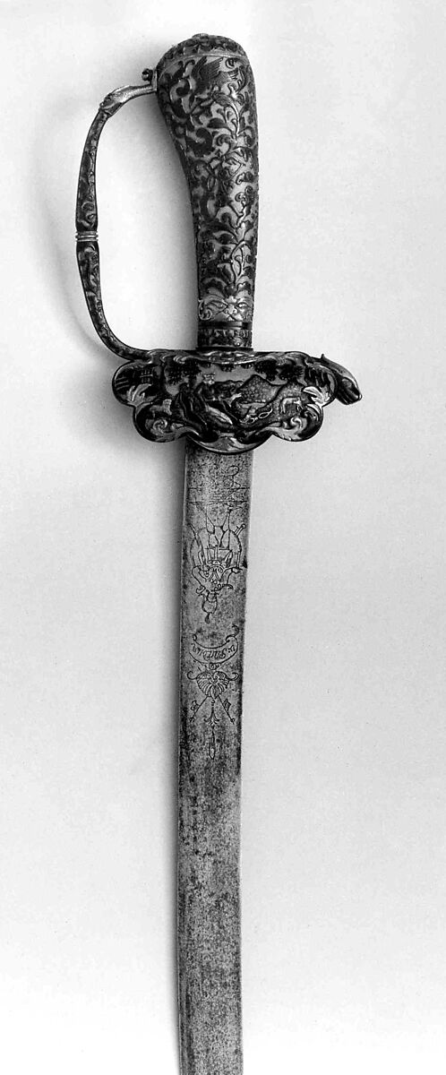 Hunting Sword, Steel, copper-gold alloy (shakudō), gold, hilt, Japanese, made for the European market; blade, Western European 