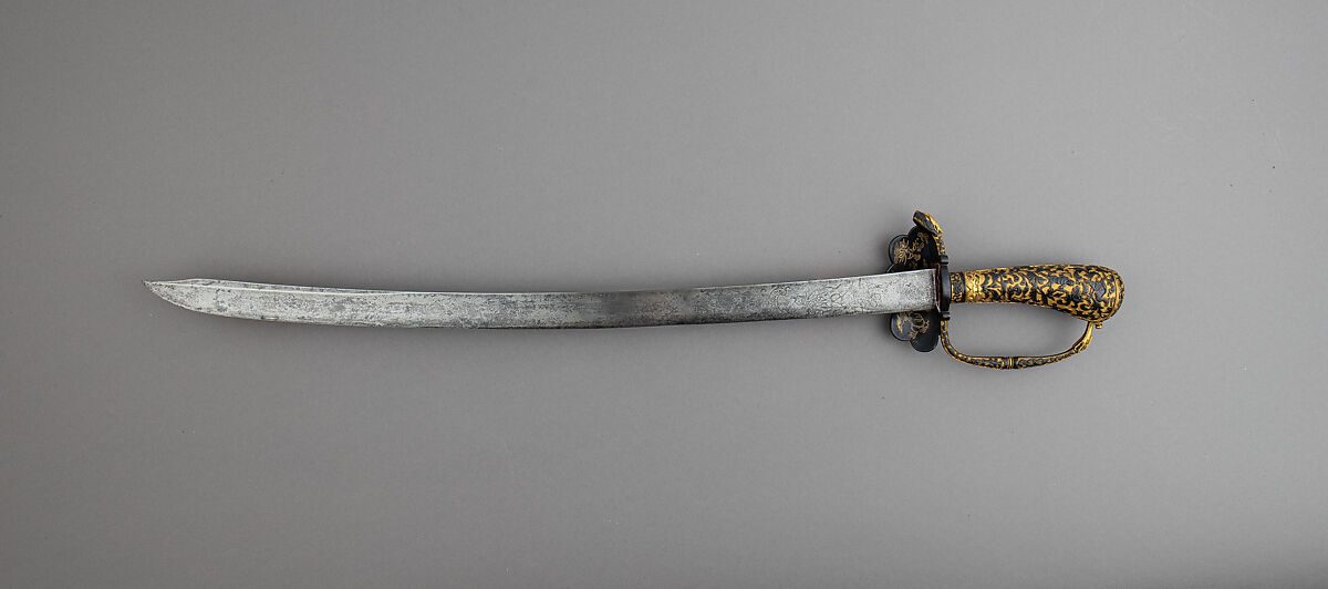 Hunting Sword, Steel, copper-gold alloy (<i>shakudō</i>), gold, hilt, Japanese, made for the European market; blade, Western European