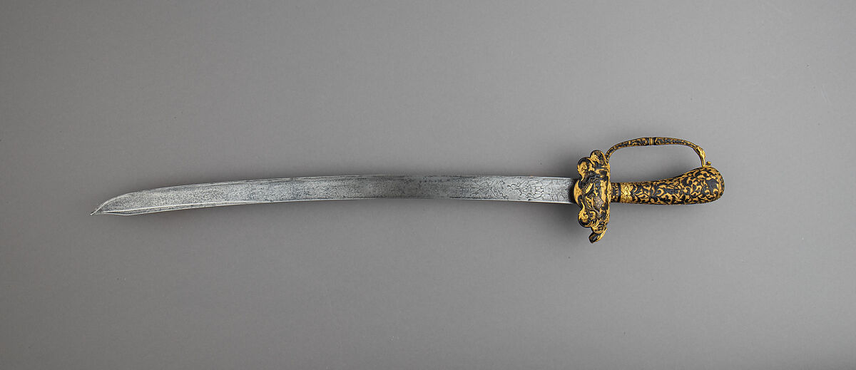 Hunting Sword, Steel, copper-gold alloy (<i>shakudō</i>), gold, hilt, Japanese, made for the European market; blade, Western European
