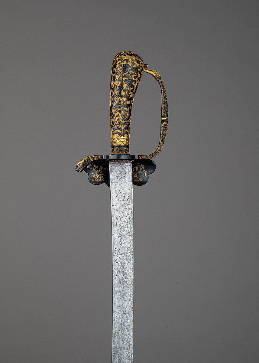 Hunting Sword, Steel, copper-gold alloy (<i>shakudō</i>), gold, hilt, Japanese, made for the European market; blade, Western European