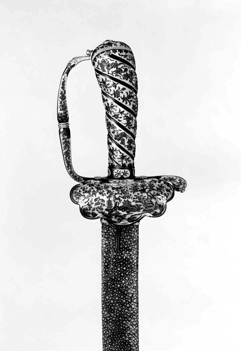 Hunting Sword and Scabbard, Steel, copper-gold alloy (shakudō), gold, wood, ray skin, hilt, Japanese, made for the European market 