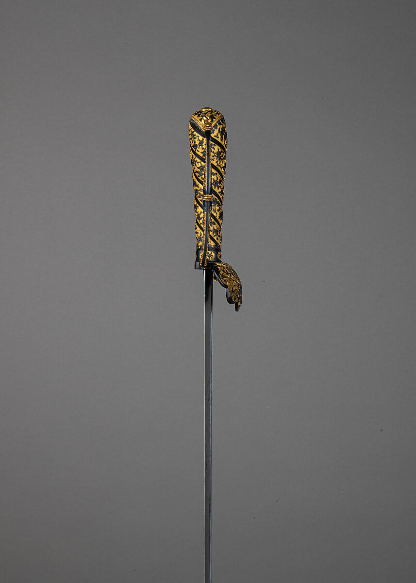 Hunting Sword and Scabbard, Steel, copper-gold alloy (<i>shakudō</i>), gold, wood, ray skin, hilt, Japanese, made for the European market