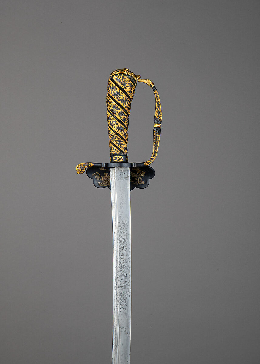 Hunting Sword and Scabbard, Steel, copper-gold alloy (<i>shakudō</i>), gold, wood, ray skin, hilt, Japanese, made for the European market