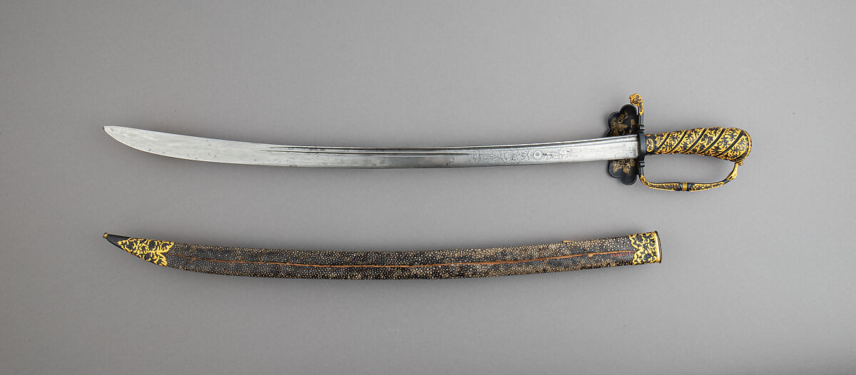 Hunting Sword and Scabbard, Steel, copper-gold alloy (<i>shakudō</i>), gold, wood, ray skin, hilt, Japanese, made for the European market