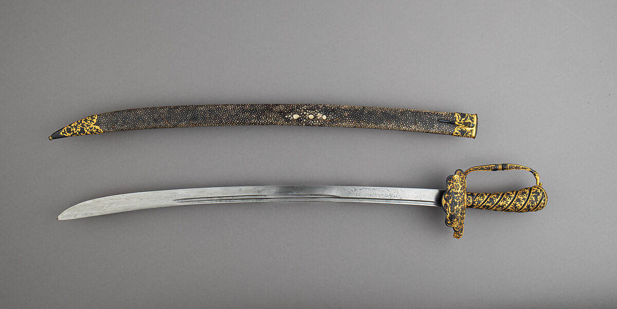 Hunting Sword and Scabbard, Steel, copper-gold alloy (<i>shakudō</i>), gold, wood, ray skin, hilt, Japanese, made for the European market