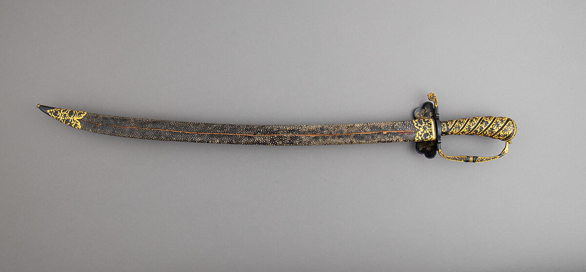 Hunting Sword and Scabbard, Steel, copper-gold alloy (<i>shakudō</i>), gold, wood, ray skin, hilt, Japanese, made for the European market