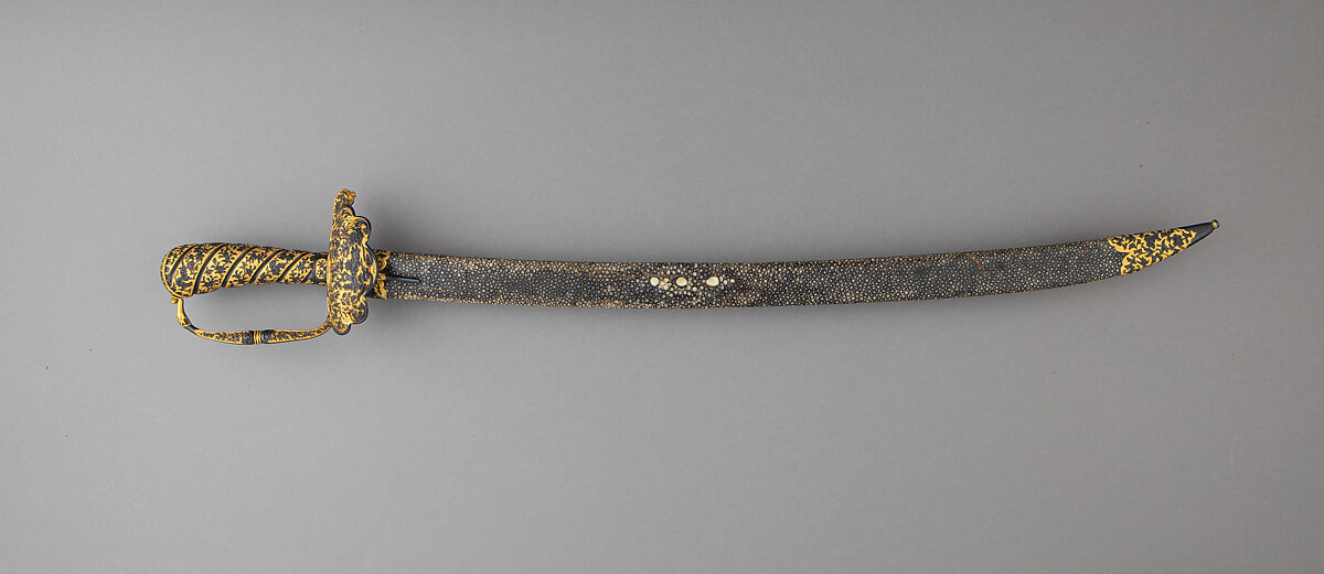 Hunting Sword and Scabbard, Steel, copper-gold alloy (<i>shakudō</i>), gold, wood, ray skin, hilt, Japanese, made for the European market