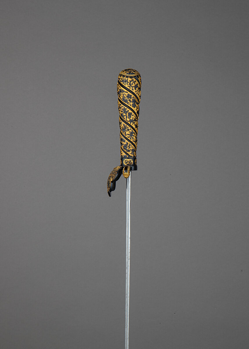Hunting Sword and Scabbard, Steel, copper-gold alloy (<i>shakudō</i>), gold, wood, ray skin, hilt, Japanese, made for the European market