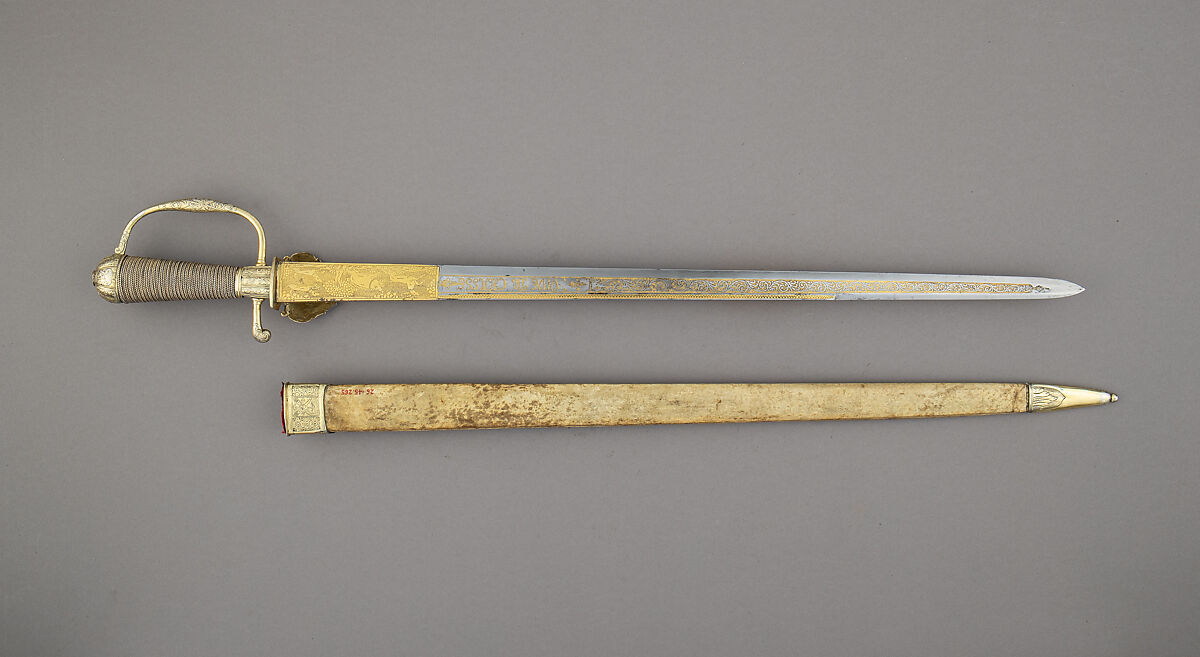 Hunting Sword with Scabbard, Steel, silver, wood, vellum, French, Paris