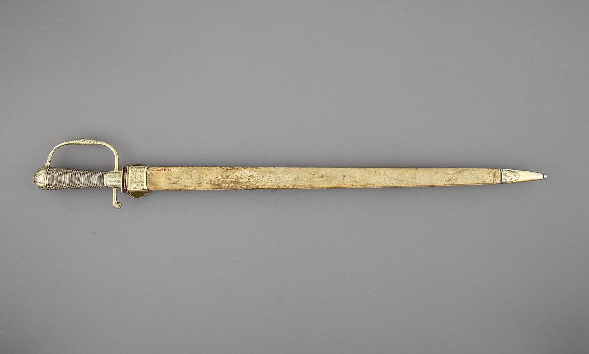Hunting Sword with Scabbard, Steel, silver, wood, vellum, French, Paris