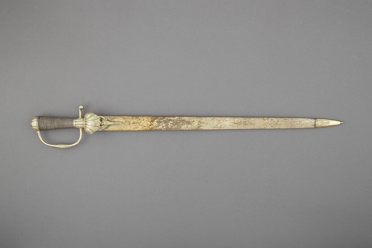 Hunting Sword with Scabbard, Steel, silver, wood, vellum, French, Paris