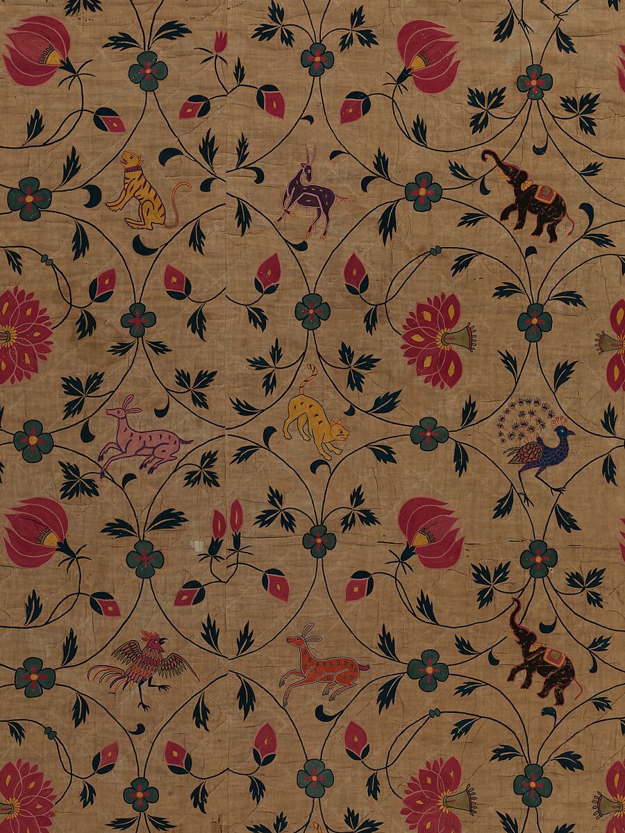 Bedcover, Cotton, embroidered with silk, Indian, Gujarat for British market 
