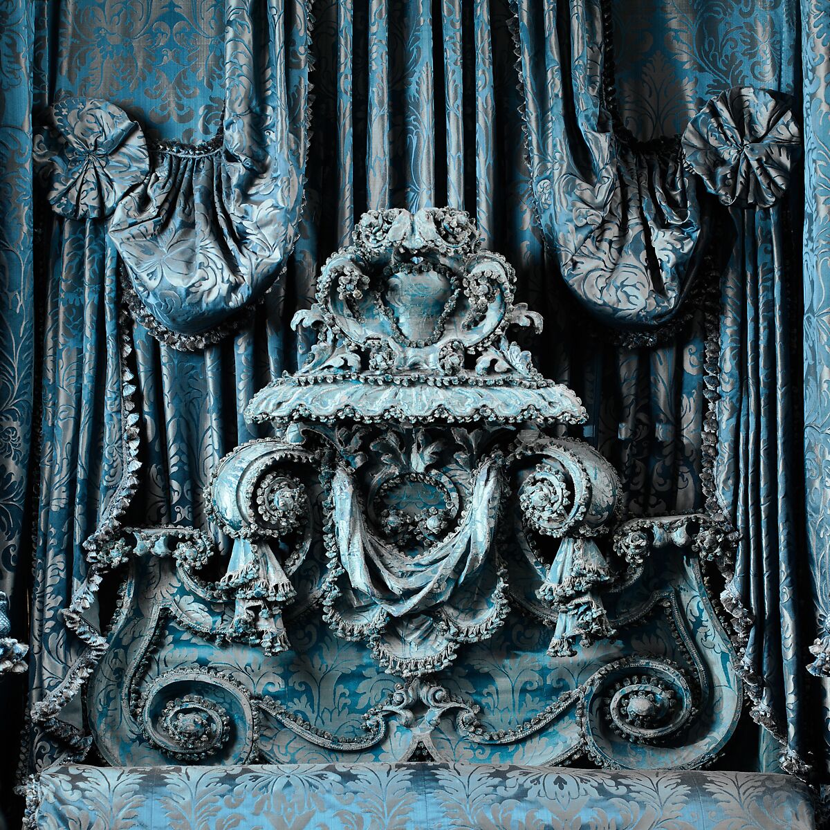 Hangings for state bed from Hampton Court, Herefordshire, Blue silk damask, British