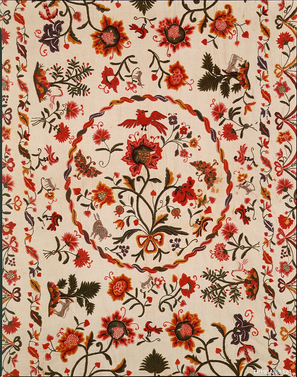 Coverlet, Wool, sequins, metal thread, on cotton ground, Mexican