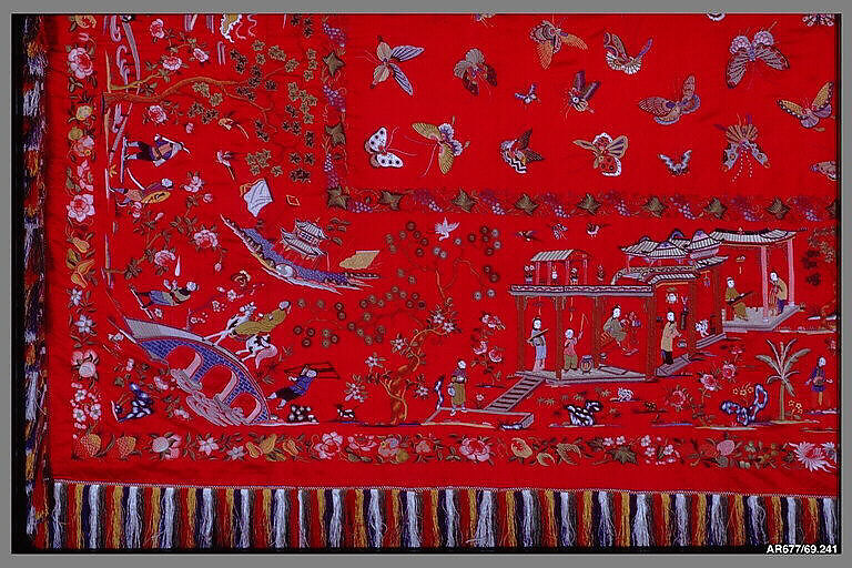 Coverlet, Silk (plied and floss), Chinese, probably Canton, for American market