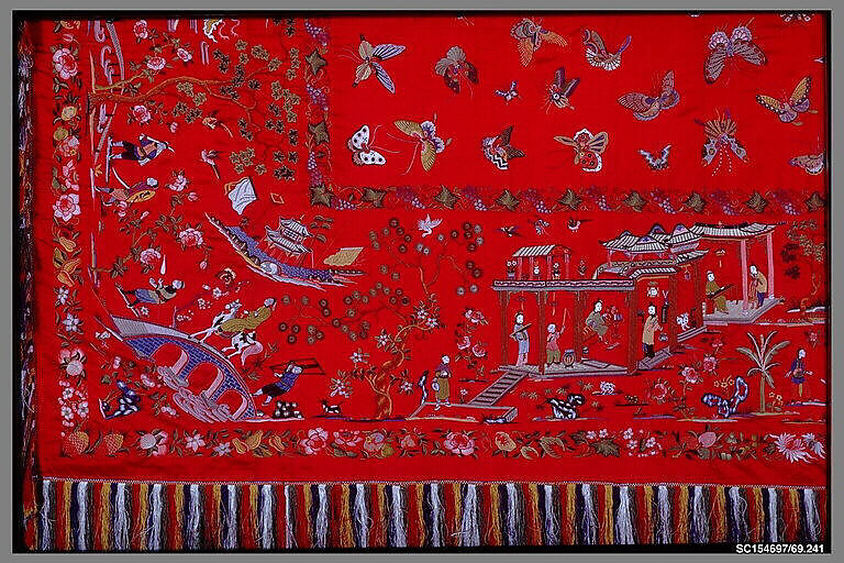 Coverlet, Silk (plied and floss), Chinese, probably Canton, for American market