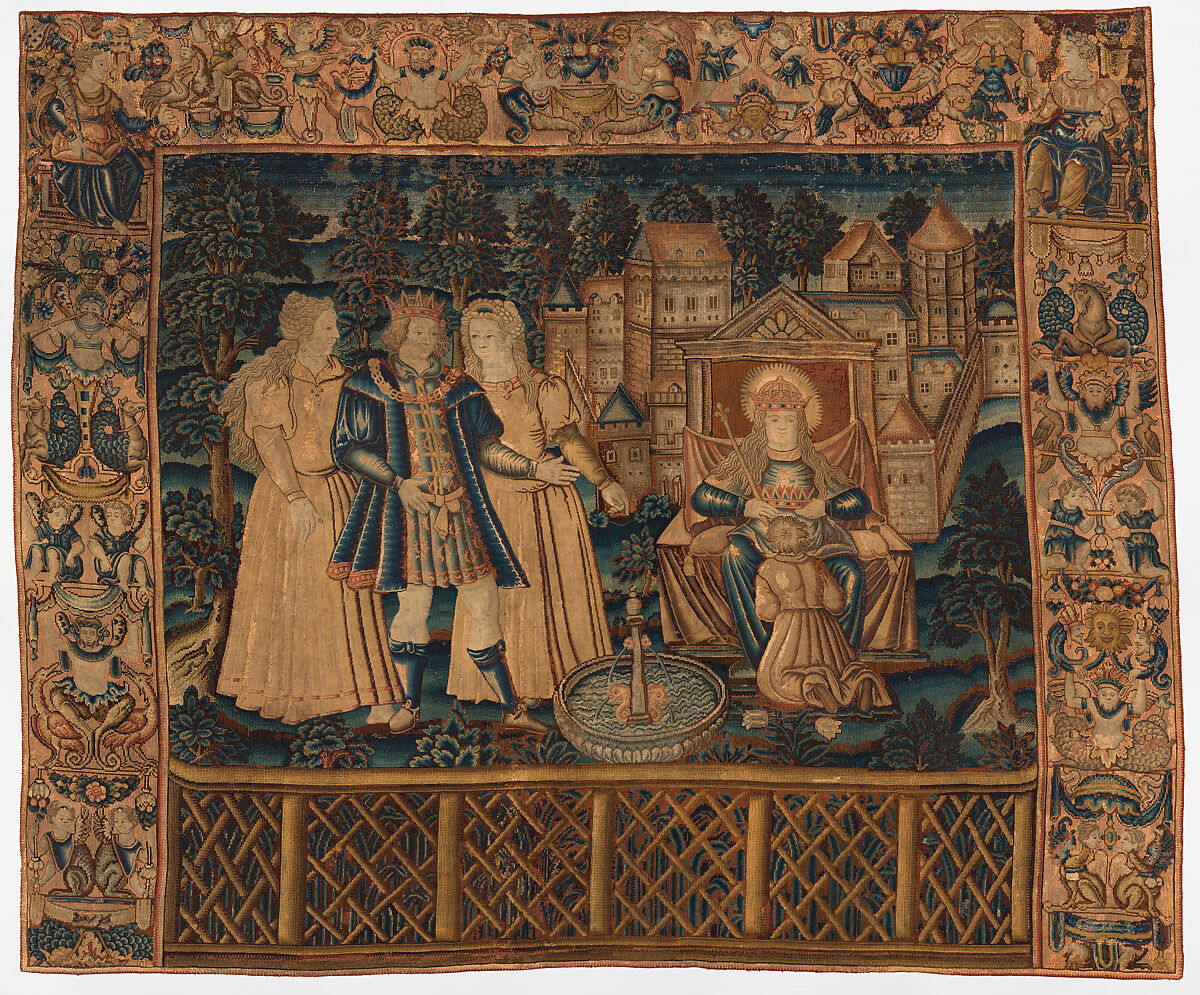 The Wayfarer Crowned by Happiness from The Table of Cebes, Design based on a woodcut by David Kandel (German, ca. 1520–ca. 1596), Wool and silk on canvas (cross-stitch, 48-56 per sq. in., 9 per sq. cm.; tent stitch, 156-190 per sq. in., 30-36 per sq. cm.), French 