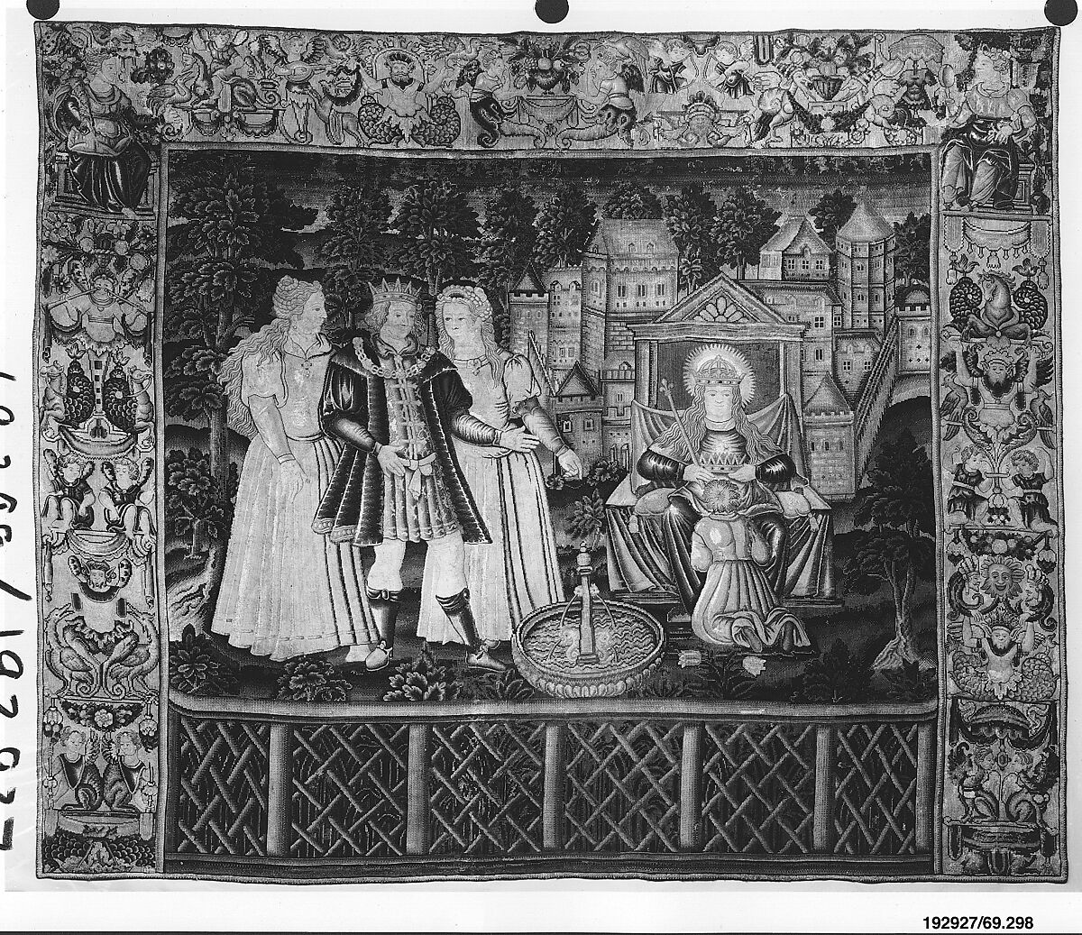 The Wayfarer Crowned by Happiness from The Table of Cebes, Design based on a woodcut by David Kandel (German, ca. 1520–ca. 1596), Wool and silk on canvas (cross-stitch, 48-56 per sq. in., 9 per sq. cm.; tent stitch, 156-190 per sq. in., 30-36 per sq. cm.), French