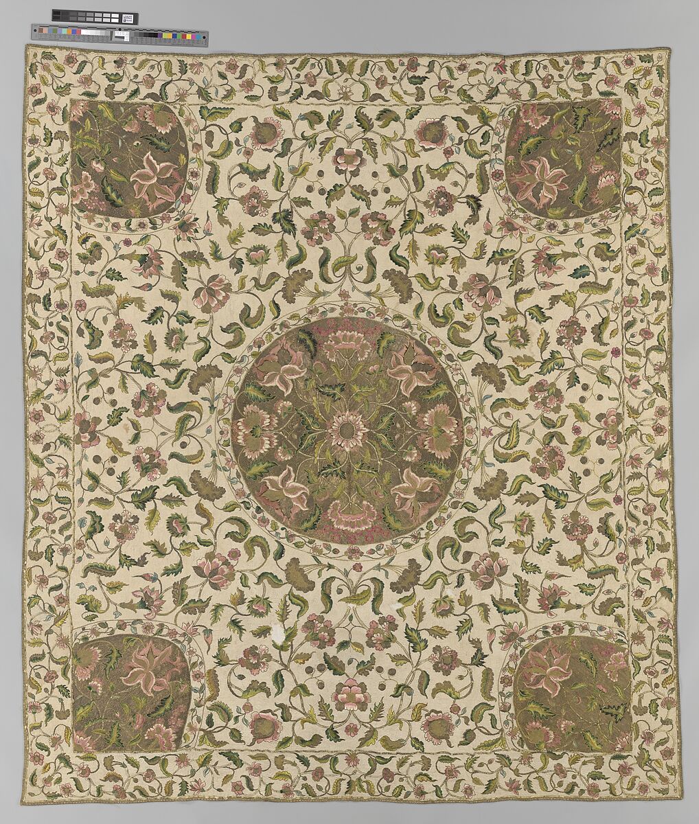 Bedcover, Silk and metal-wrapped thread on linen, British 