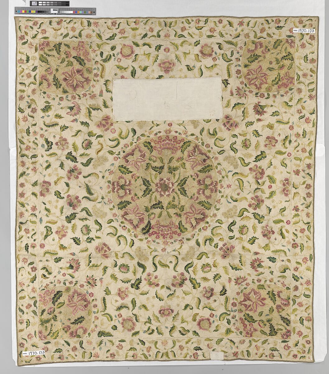 Bedcover, Silk and metal-wrapped thread on linen, British