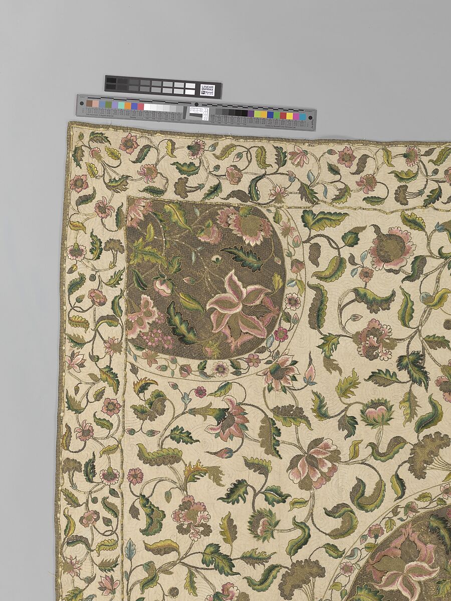 Bedcover, Silk and metal-wrapped thread on linen, British