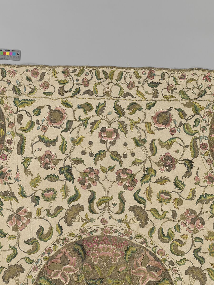 Bedcover, Silk and metal-wrapped thread on linen, British