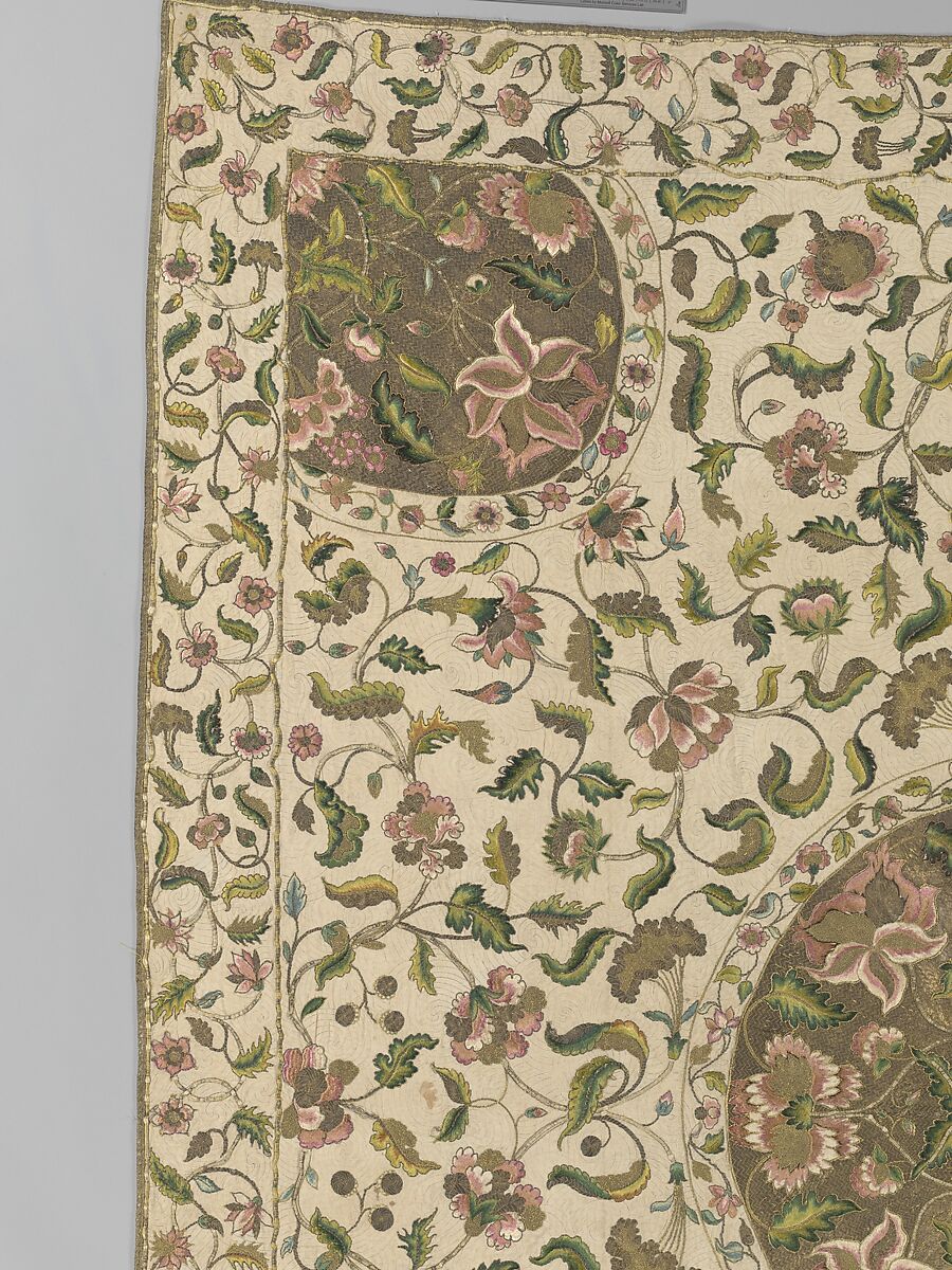 Bedcover, Silk and metal-wrapped thread on linen, British