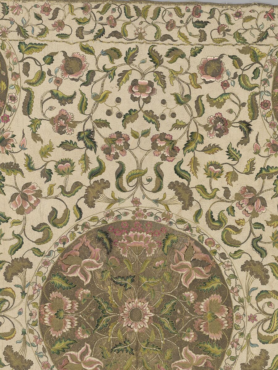 Bedcover, Silk and metal-wrapped thread on linen, British