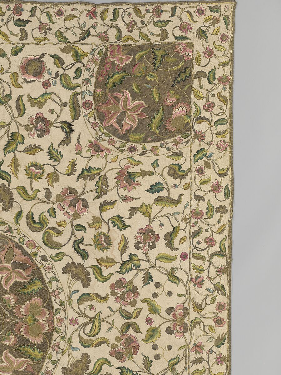 Bedcover, Silk and metal-wrapped thread on linen, British