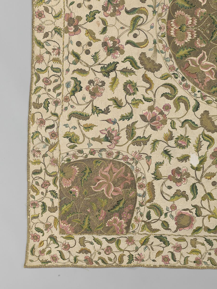 Bedcover, Silk and metal-wrapped thread on linen, British