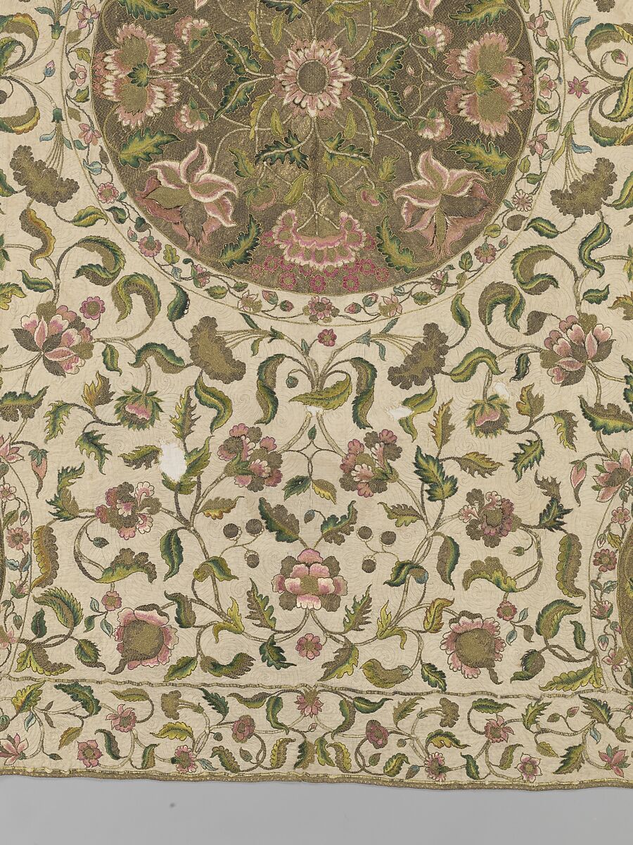 Bedcover, Silk and metal-wrapped thread on linen, British