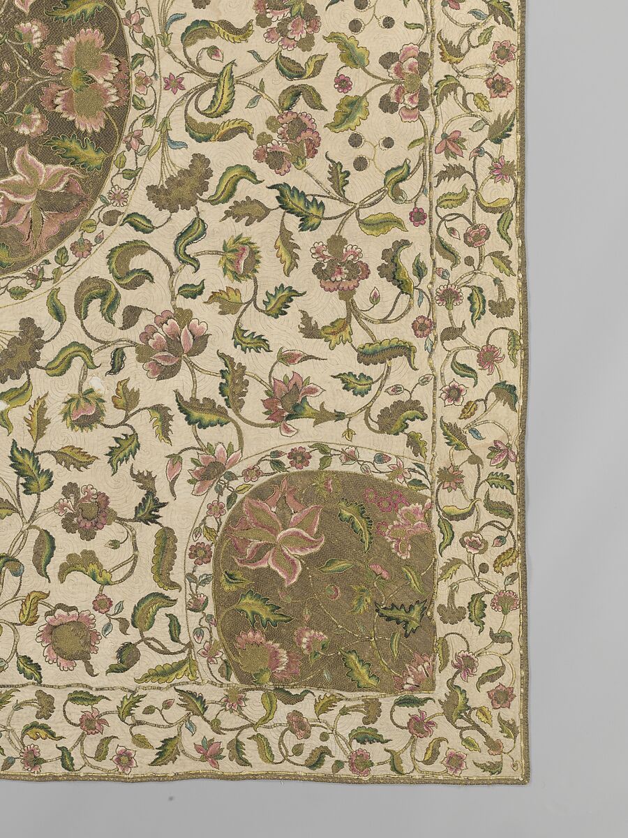 Bedcover, Silk and metal-wrapped thread on linen, British