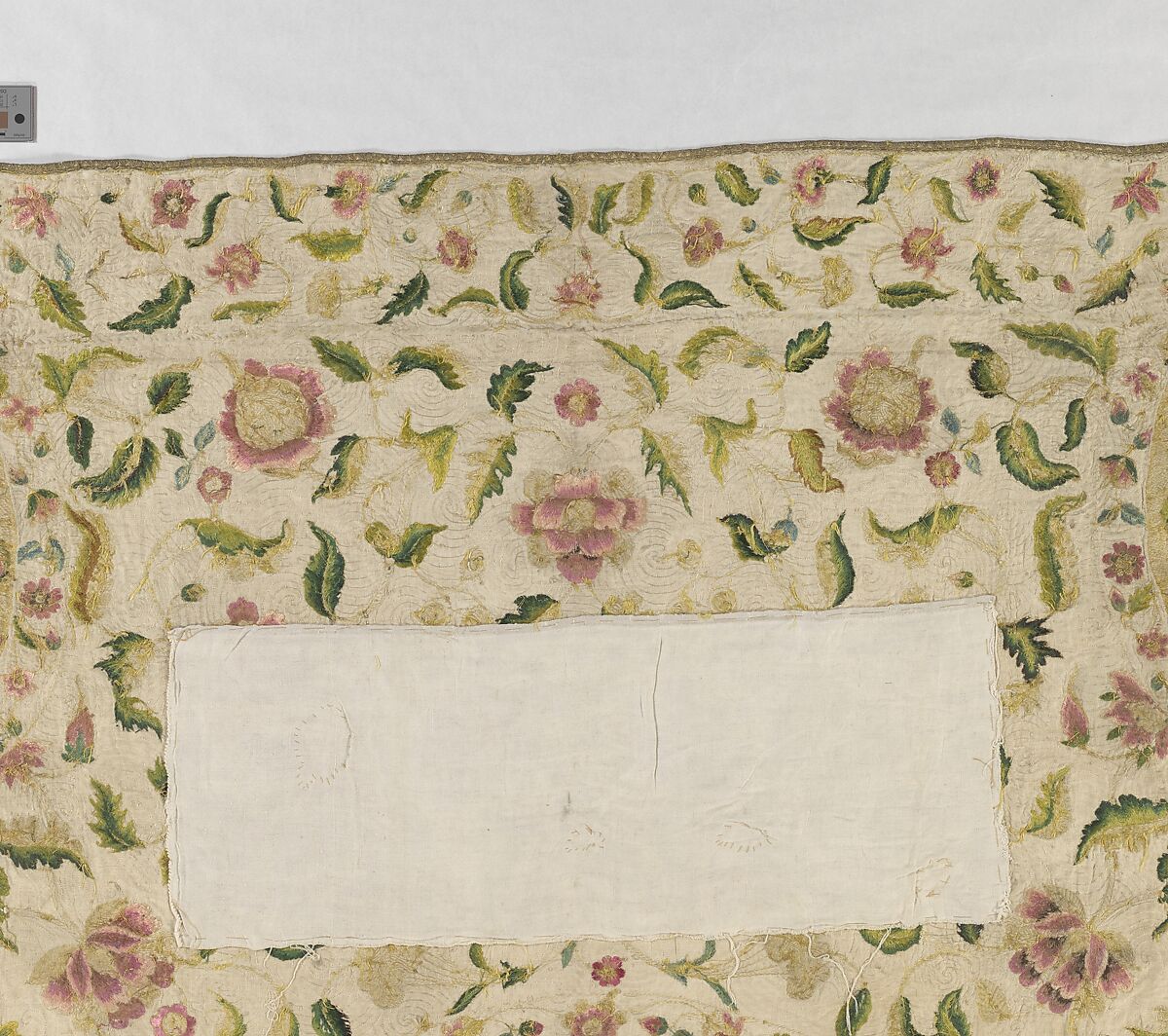 Bedcover, Silk and metal-wrapped thread on linen, British