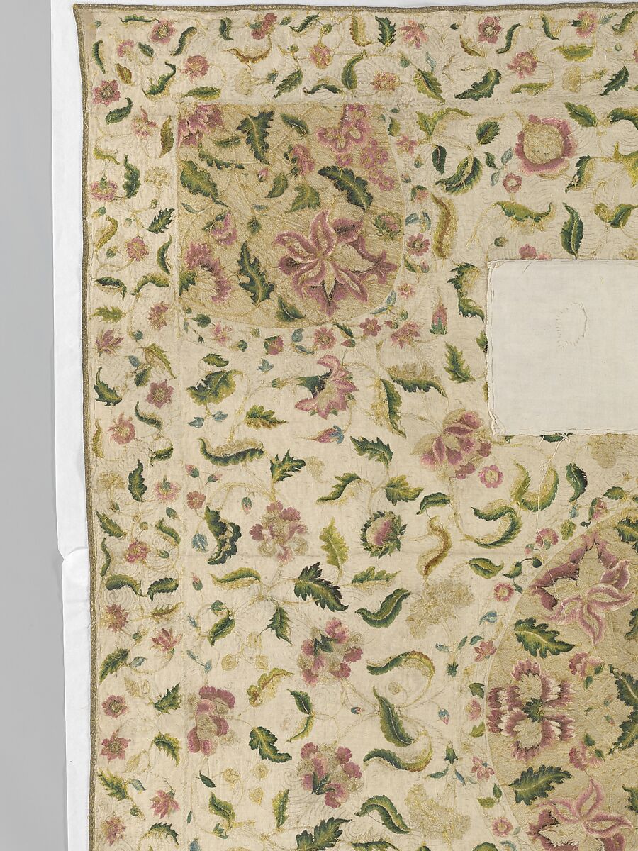 Bedcover, Silk and metal-wrapped thread on linen, British