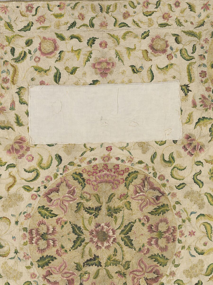 Bedcover, Silk and metal-wrapped thread on linen, British