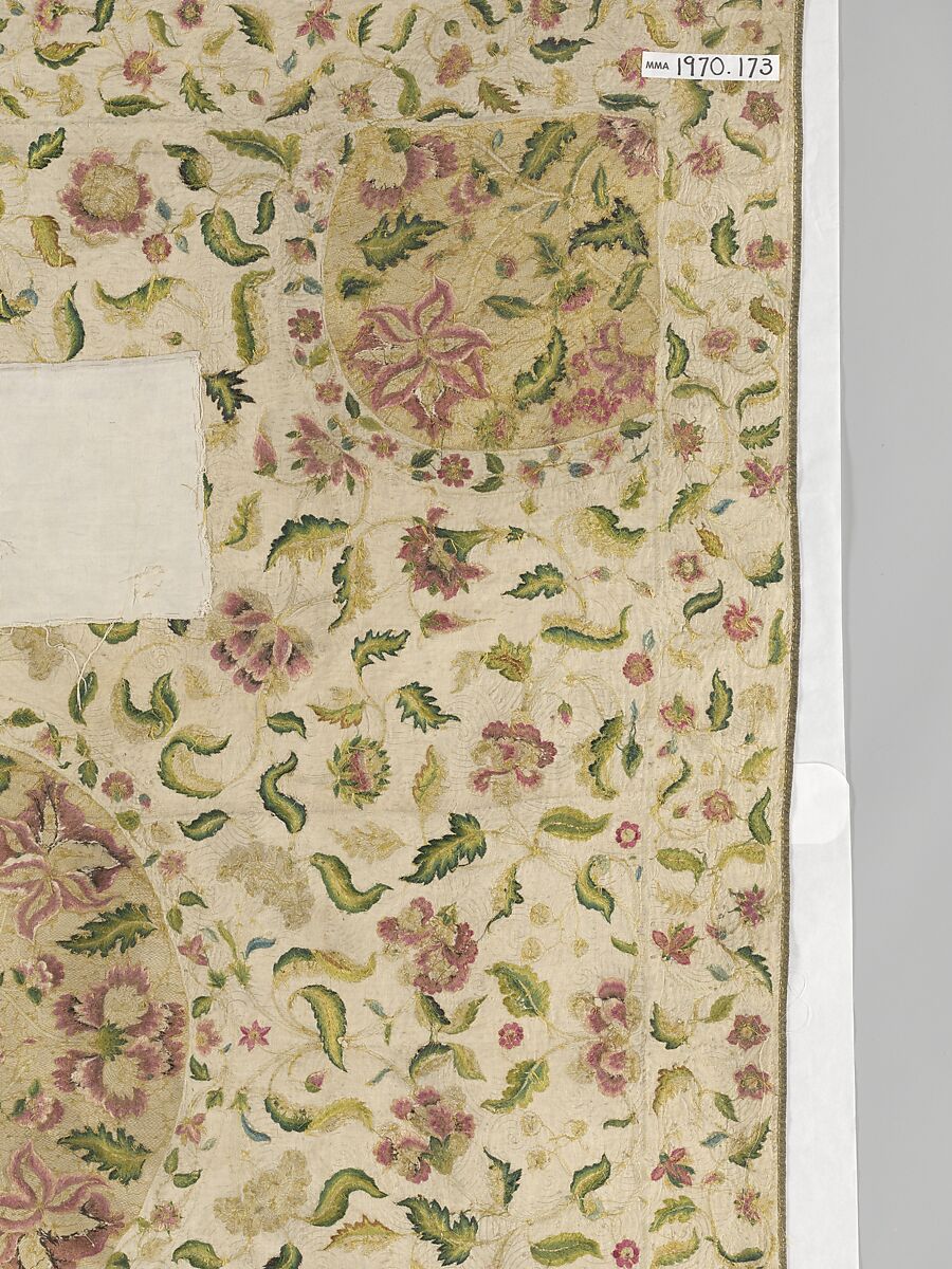 Bedcover, Silk and metal-wrapped thread on linen, British