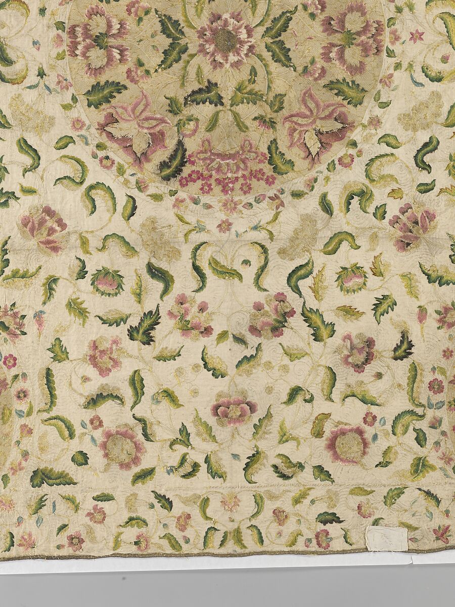 Bedcover, Silk and metal-wrapped thread on linen, British